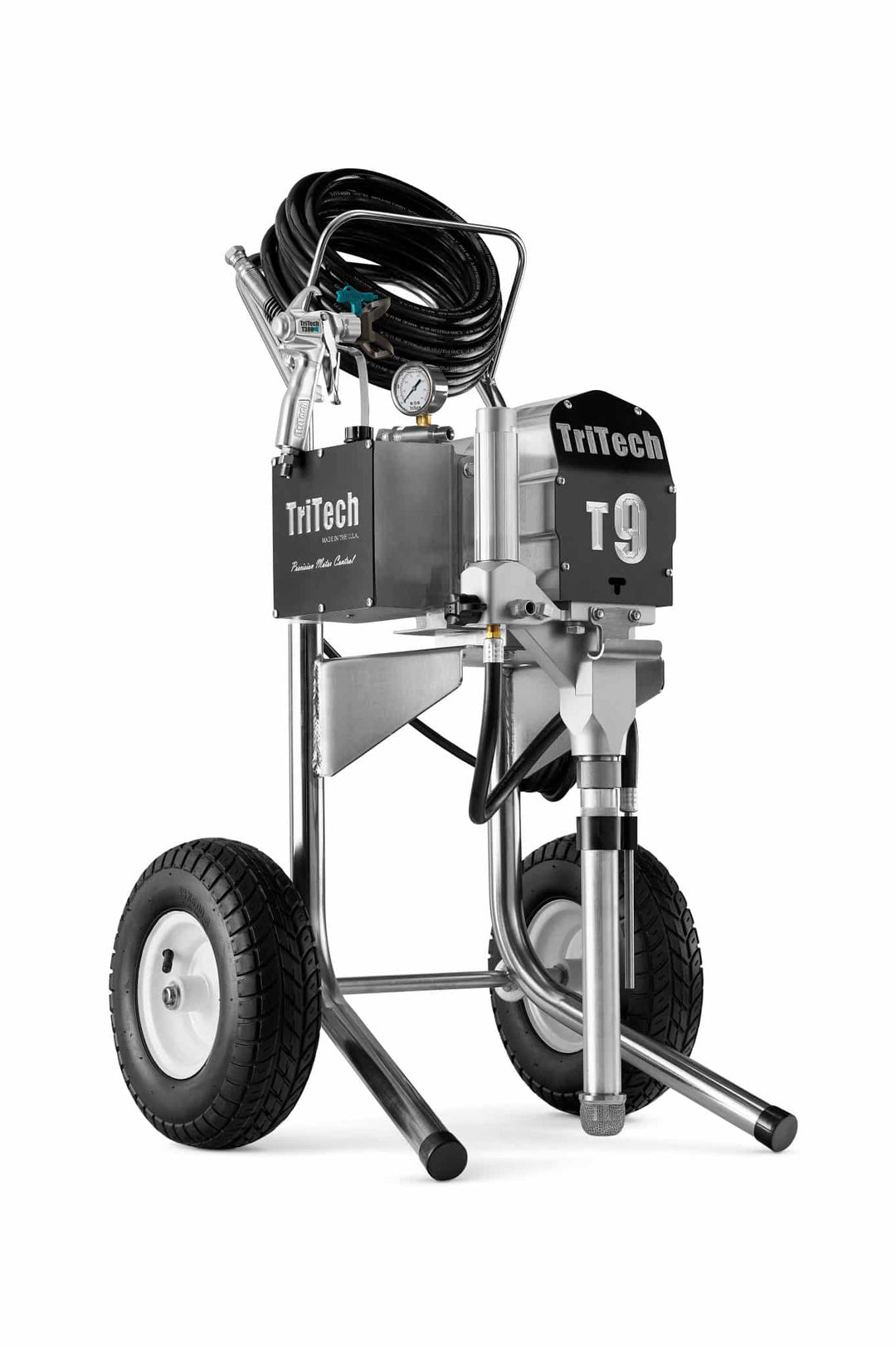 Pompe airless TriTech T9 sur chariot — 226 bar, 4 L/min, collecteur inox+alu — Swiss Airless Suisse